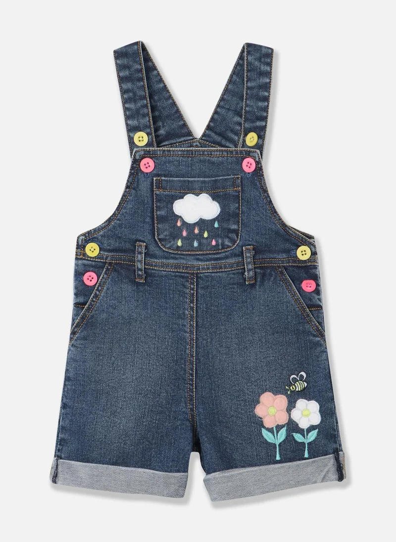 نوتيناتي Girls' Cloud, Rain, bees & Flower Embroidered Denim Dungaree